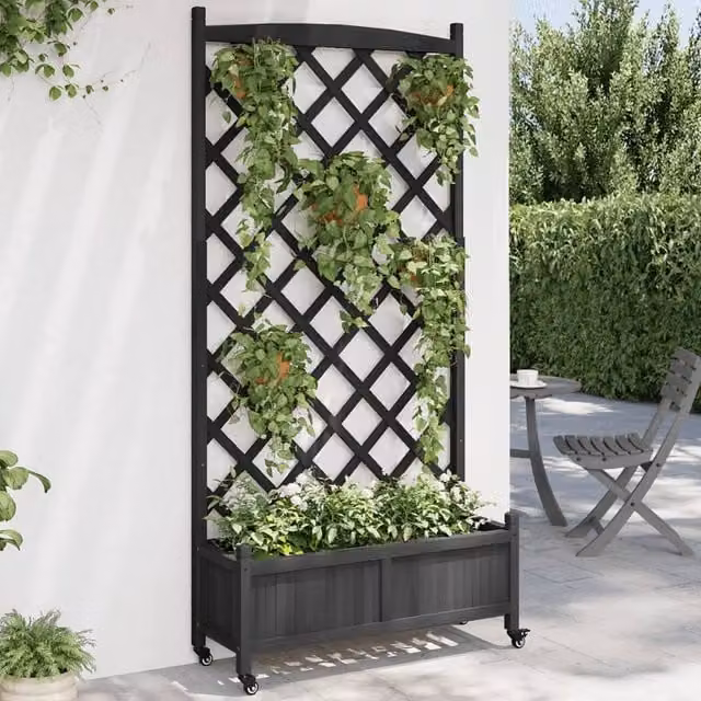 Berkfield Home Black Solid Fir Wood Planter with Trellis and Wheels – 1