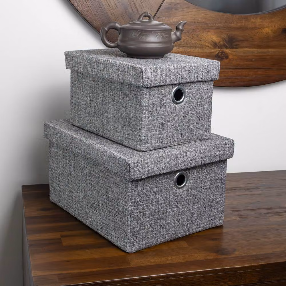 JVL Chroma Set of 2 Rectangular Lidded Fabric Storage Baskets with Handles in Anthracite Grey, W/D/H: 29.0 x 23.0 x 16.0 cm – 5