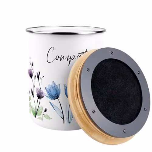 Purely Home Blue, Purple and White Floral Enamel Metal Kitchen Compost Caddy with Removable Inner Bucket and Odour Filter, 2L, H 22.5 x W 16.5 x D 22.5 cm – 2