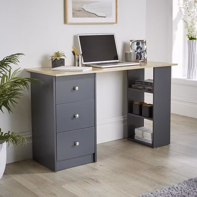 Home Source Camden Modern 3 Drawer Computer Desk in Grey