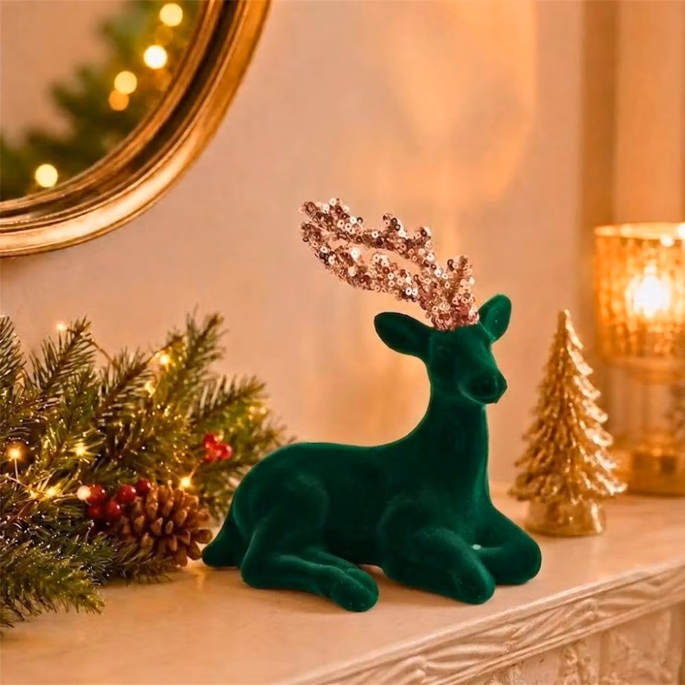 Shatchi Emerald Green Velvet Sitting Deer Christmas Reindeer Ornament, Height: 19 cm – 2