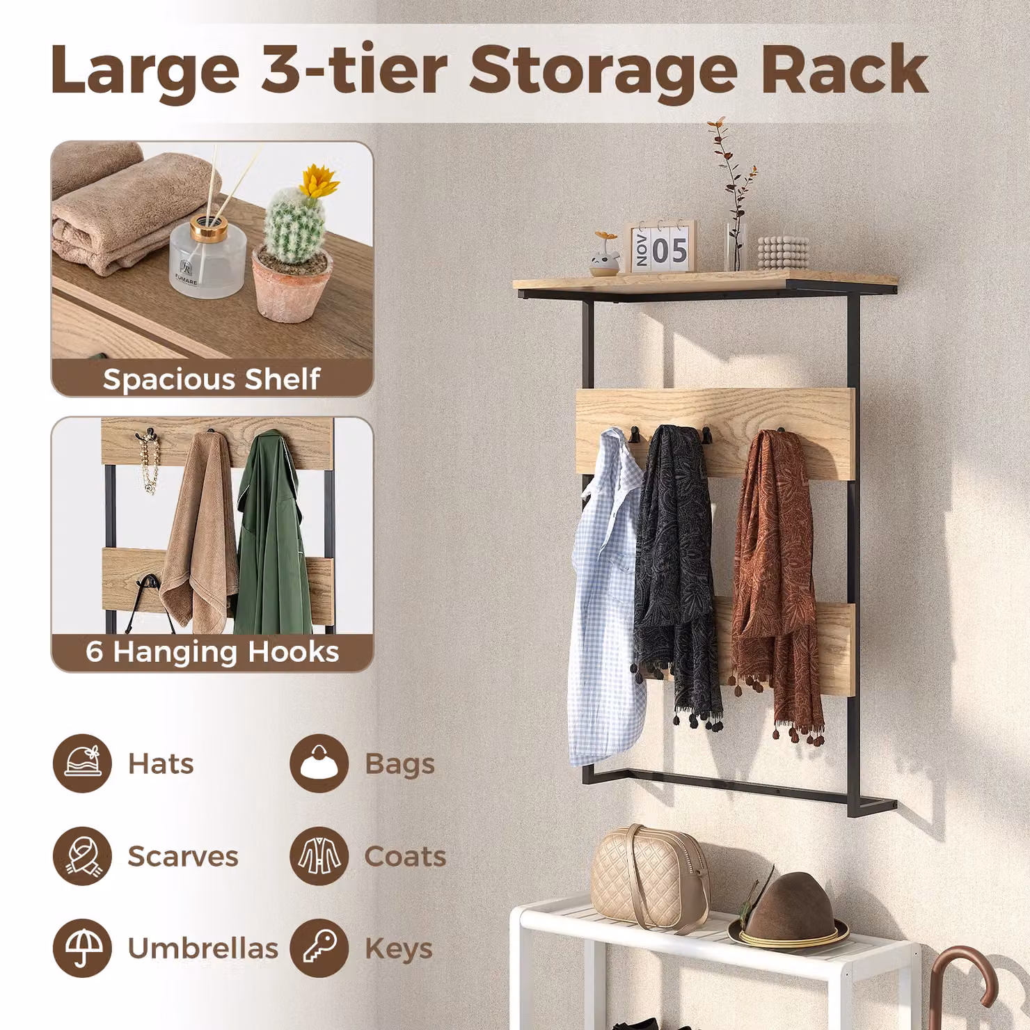 Costway Natural Wooden Wall Mounted Entryway Coat Rack and Shelf with Metal Hooks – 4