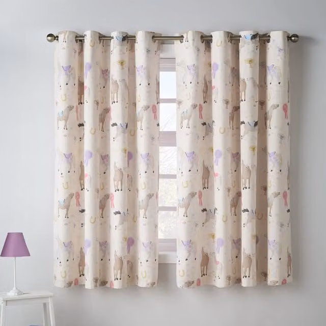 Catherine Lansfield Happy Horses Eyelet Curtains in Pink and Beige, W: 167.64 cm x H: 182.88 cm