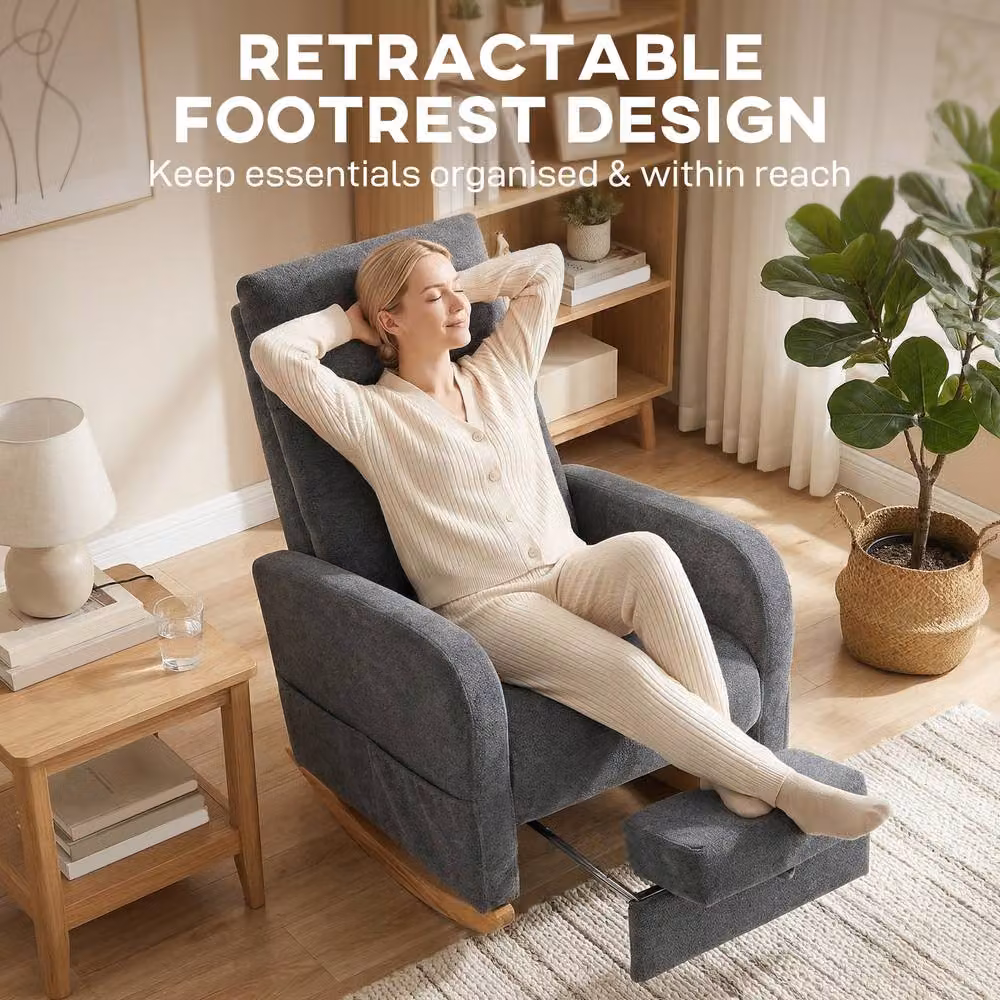 HOMCOM Grey Upholstered Rocking Chair with Retractable Footrest and Armrests – 3