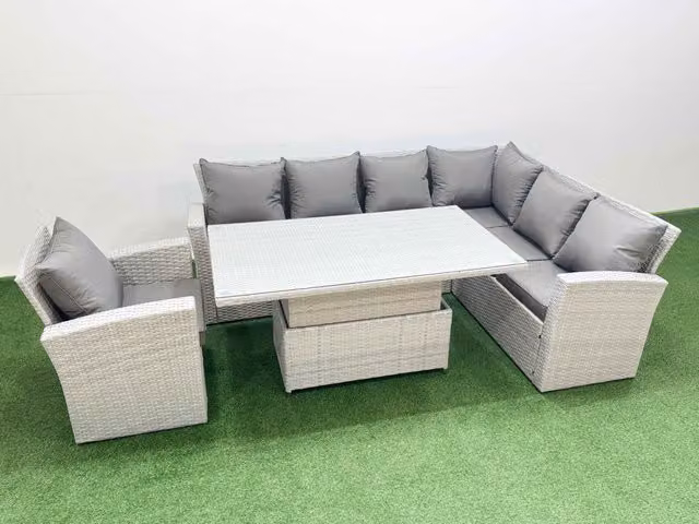 Fimous 7 Seat Rattan Garden Furniture Corner Sofa Set with Armchair in Light Grey