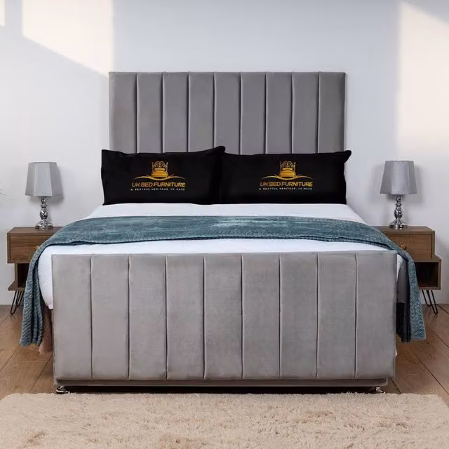 UK Bed Furniture Hampton Grey Velvet Upholstered Divan Bed Base with 26 Inch Headboard, Super King, W: 200 cm x D: 200 cm
