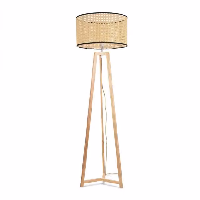 Lottie Natural Wood Tripod Floor Lamp with Cane Rattan Shade in Yellow and Beige
