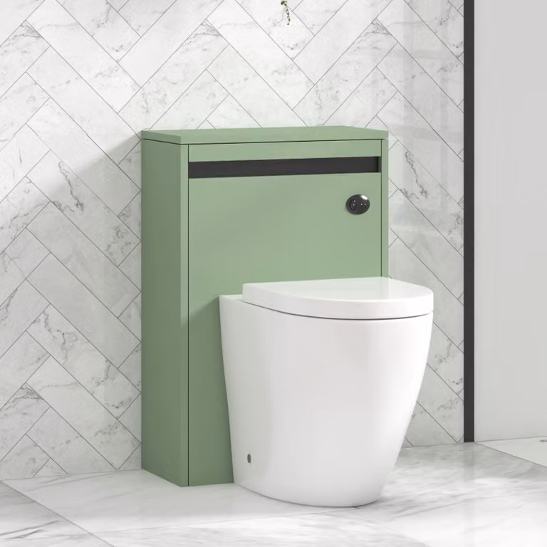 Royal Bathrooms Orion 540mm Mint Sage WC Unit with Elva Rimless Short Projection Toilet Pan, Seat and Cistern with Black Accent Trim