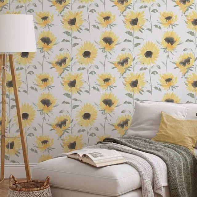 Muriva Classic Yellow Sunflower Floral Feature Wallpaper in Grey and Yellow