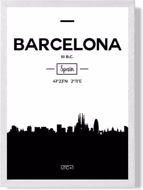 ARTZE Barcelona Black and White City Skyline Framed Paper Poster with White Frame