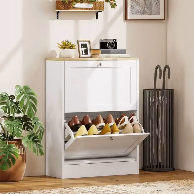 EONLION White Shoe Storage Cabinet with 2 Tilting Compartments, W/H: 100 x 80 cm – 1
