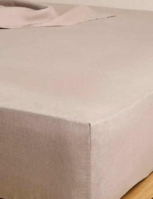 M&S Pure Linen Deep Fitted Sheet in Beige, W/D/H: 180 x 200 cm