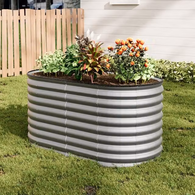 Lifeideas Silver Oval Metal Raised Flower Bed W: 160 cm, D: 80 cm, H: 80 cm
