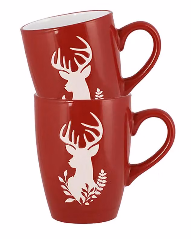 Dibor Set of 2 Red and White Reindeer Ceramic Mugs, 310ml per mug – 2