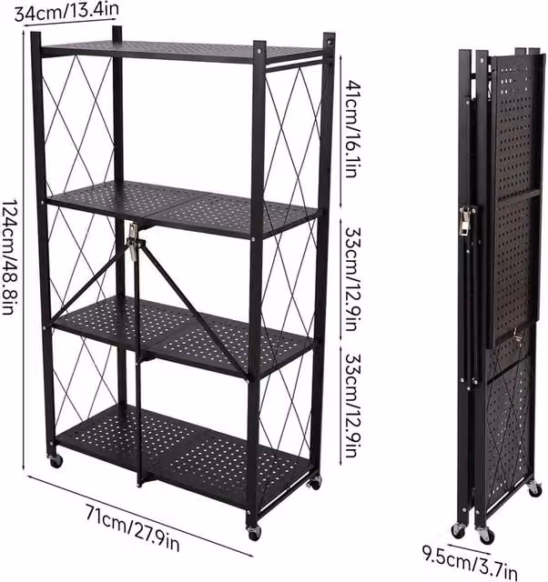 FORGEVIO Black 4-Tier Folding Kitchen Storage Shelf with Walnut Wood and Matt Metal Finish