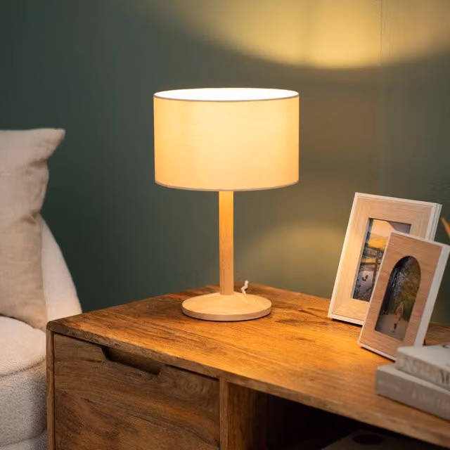 ValueLights Triston Modern Wood Table Lamp with Beige Fabric Cylinder Shade in Brown