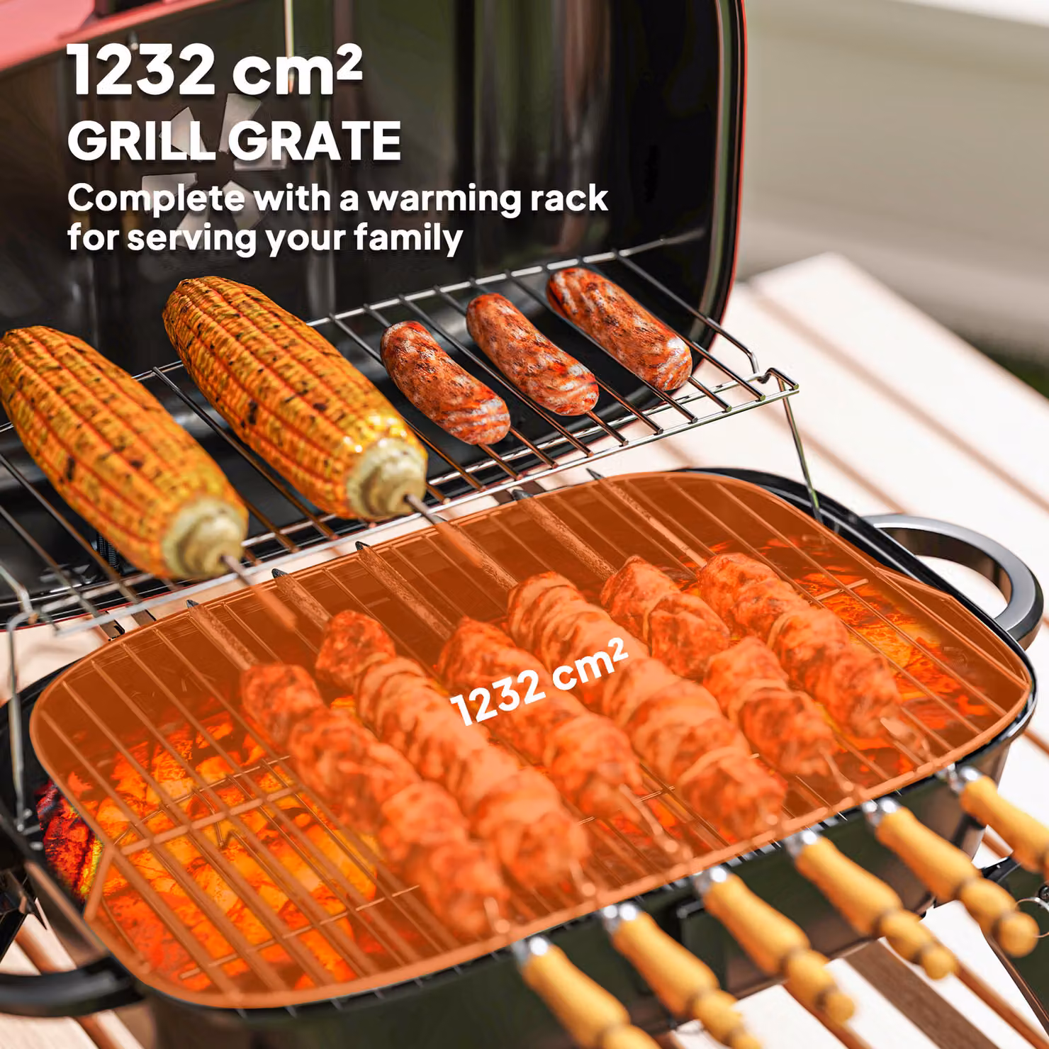 Outsunny Red Charcoal Tabletop BBQ Grill with 1232 cm² Cooking Area, Thermometer and Warming Rack, W/D/H: 59 x 37 x 36 cm – 4