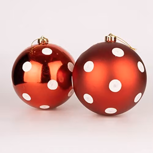 Shatchi 6-Piece Shatterproof Polka Dot Christmas Baubles in Red and White, 60mm Round Hanging Decorations