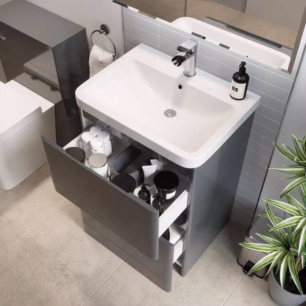 FORGEVIO Grey Gloss Freestanding Bathroom Vanity Unit with Ceramic Basin – 3
