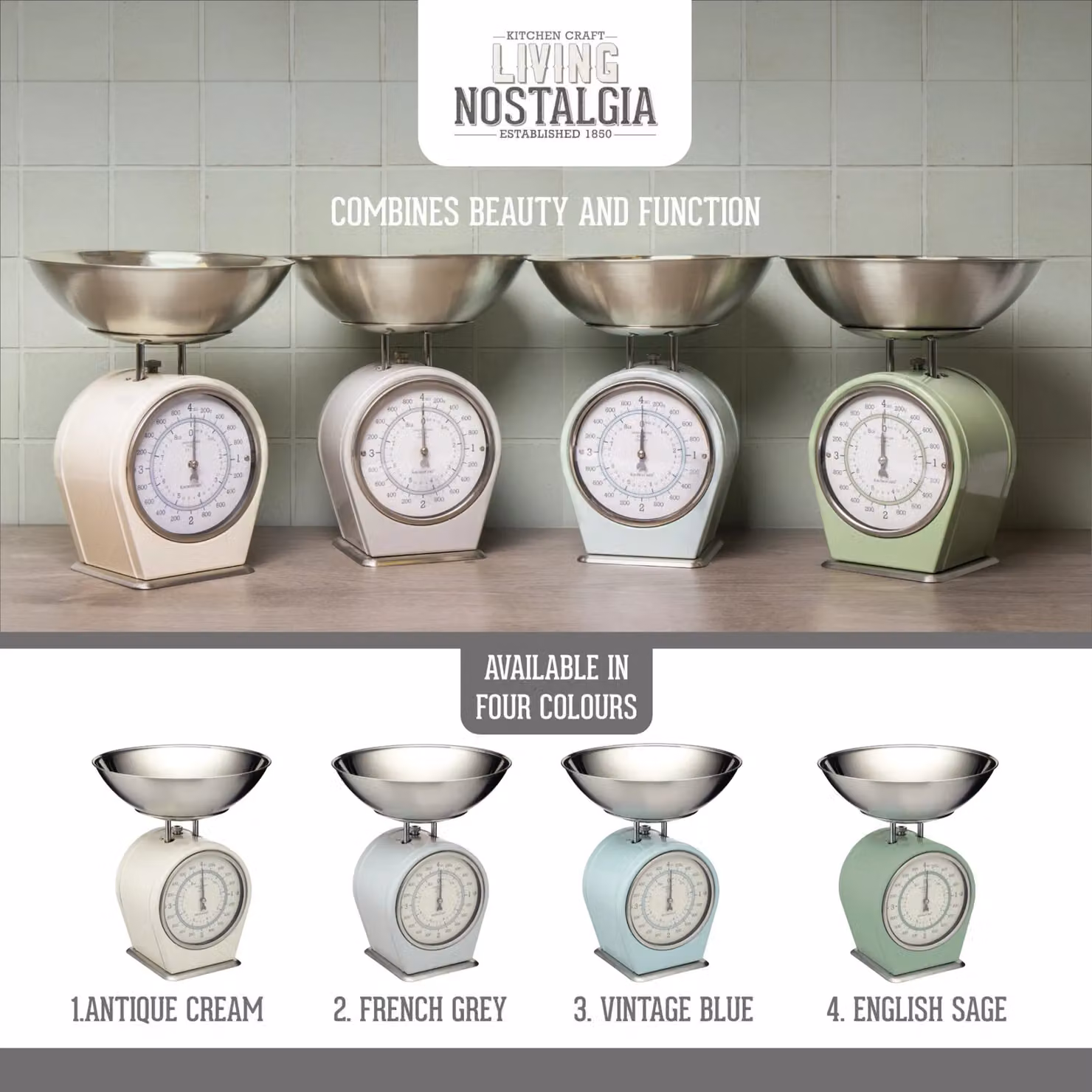 Living Nostalgia Sage Green Manual Mechanical Kitchen Scales with Stainless Steel Analog Display – 5