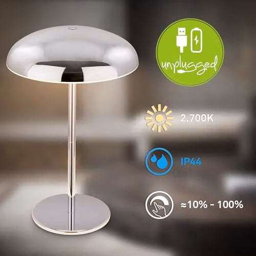 Briloner Rechargeable LED Table Lamp in Chrome, Dimmable Touch Control Cordless Night Light, H 30.5 x W 19.5 cm – 8