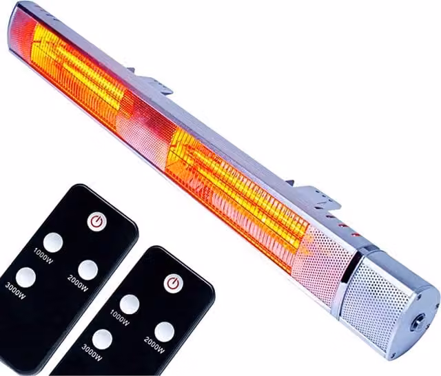 Mylek 3000W Electric Wall Mounted Patio Heater in Silver with Aluminium Housing and Remote Control