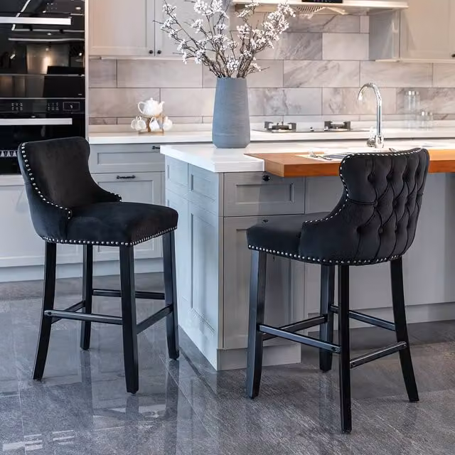 Modern Home Touch Set of 2 Black Velvet Upholstered Bar Stools with Wood Legs