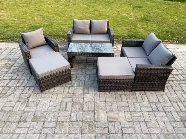 Fimous 7 Seater High Back Rattan Garden Furniture Set with Rectangular Coffee Table, Loveseat Sofa, Armchair and 2 Ottomans in Dark Grey