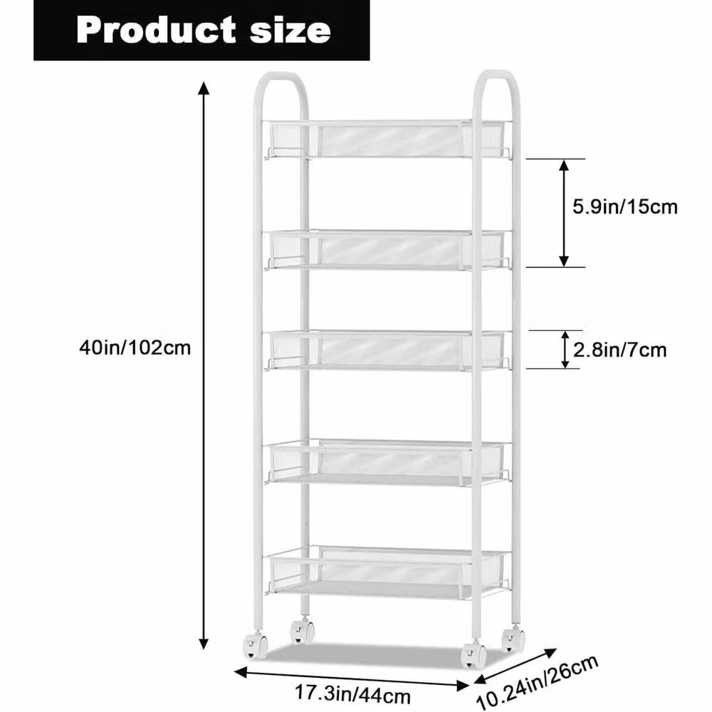 VOGREX 5-Tier Small Rolling Utility Cart in White Metal – 2