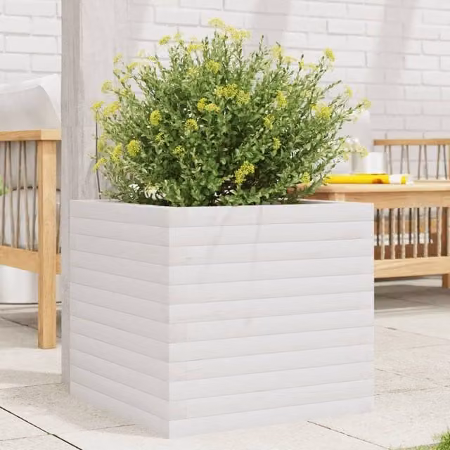 Berkfield Home White Wood Garden Planter Tub W: 50 cm, D: 50 cm, H: 45.5 cm