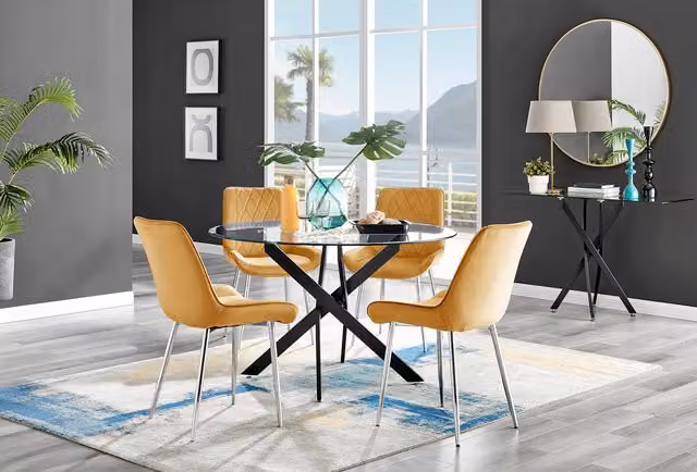 FurnitureboxUK Novara Round Glass Dining Table with 4 Pesaro Silver and Mustard Chairs, Diameter: 120 cm