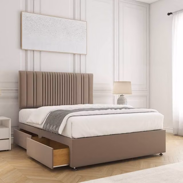 BSSPOKE Florence Velvet Divan Bed with 24 inch Headboard, 2 Drawers and Mattress in Bronze, Super King, W/D/H: 200 x 200 cm