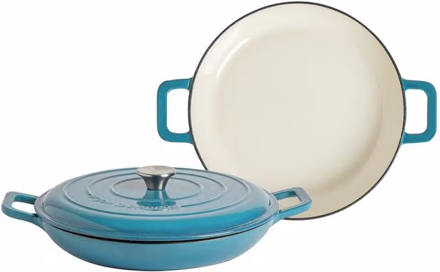 Argon Tableware Pack of 2 Enamelled Cast Iron Shallow Casserole Dishes in Teal Ombre