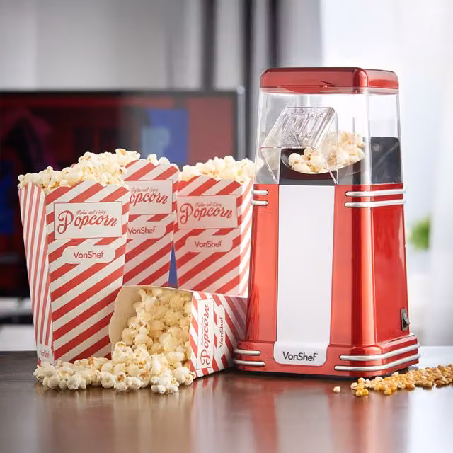 VonShef Red Retro Hot Air Popcorn Maker with 6 Serving Boxes