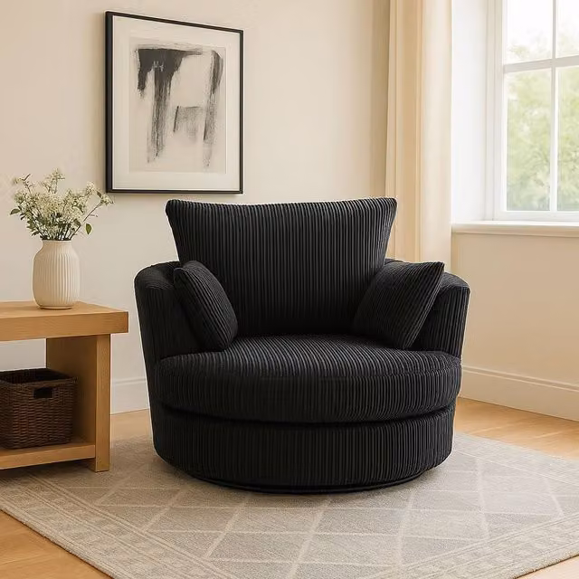 LUXURY LIFE Amalfi Dylan Black Striped Jumbo Cord Fabric Swivel Tub Chair – 1