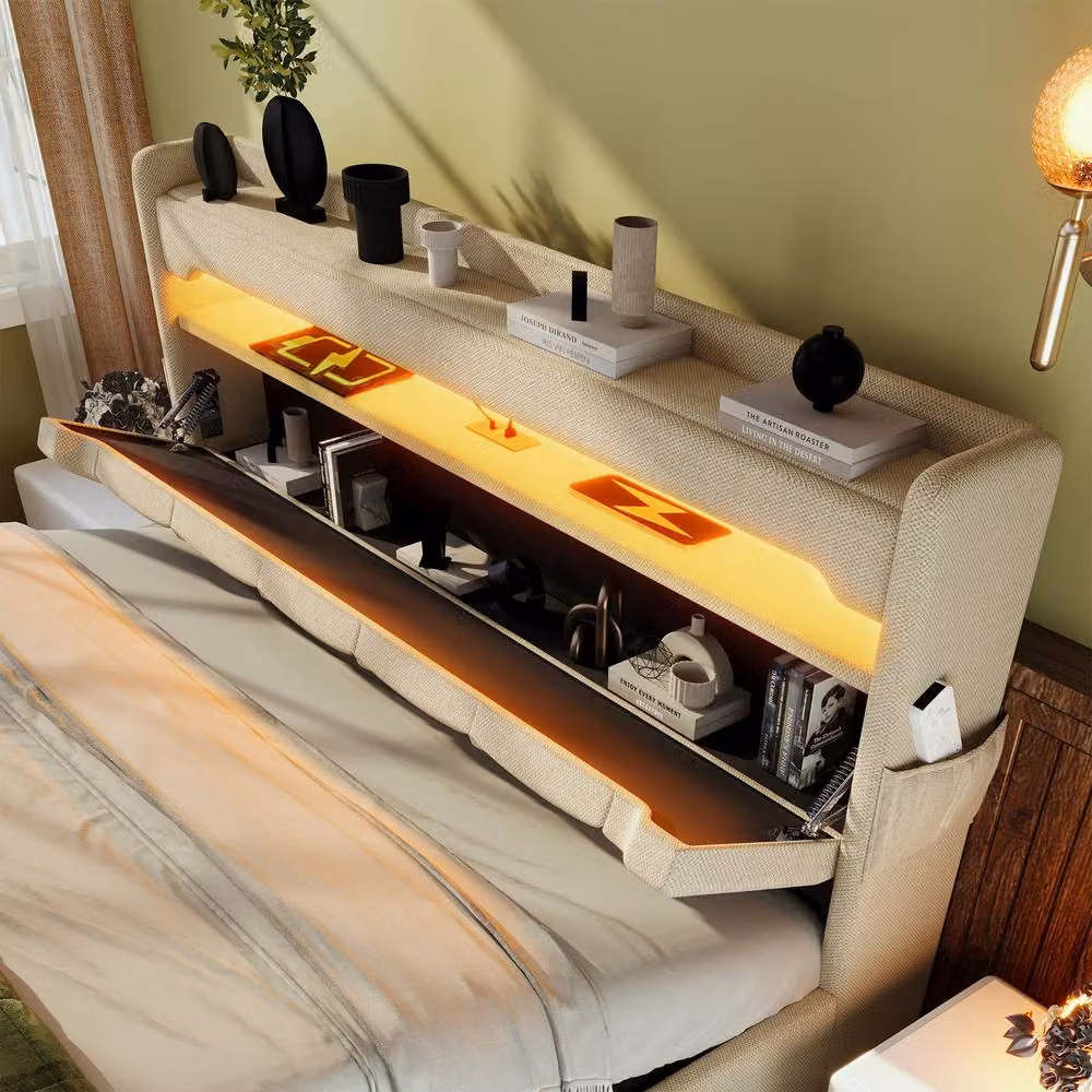 BTM Double Ottoman Bed in Beige with LED Lighting, USB Charging Port and Storage Headboard, W/D/H: 140 x 200 x 156 cm – 9