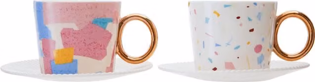 Orsina Miami 2 Cups and Saucers Set in Multicolour and Gold Bone China