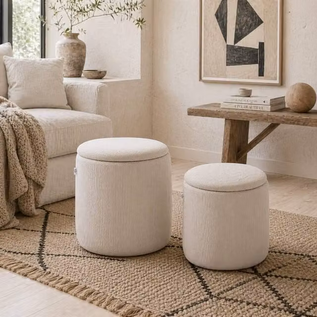 Wyld Haus Vivalepa Set of 2 Cream Round Fabric Storage Ottomans with Removable Lids, W/D/H: 40 x 40 x 41 cm – 1