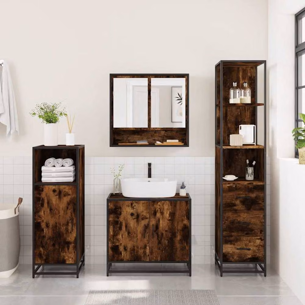 Berkfield Home 3 Piece Industrial Bathroom Furniture Set in Smoked Oak and Brown – 2