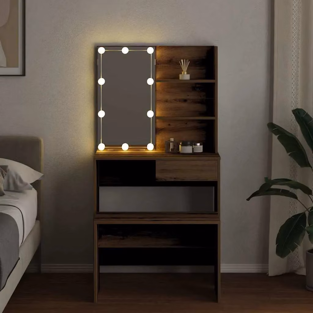 Berkfield Home Hollywood LED Dressing Table Set in Brown Artisan Oak – 3