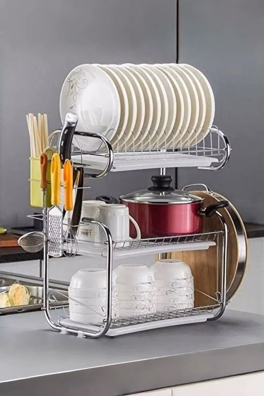 Living and Home 3-Tier Stainless Steel Metal Dish Drainer Rack with Drip Tray in White – 3