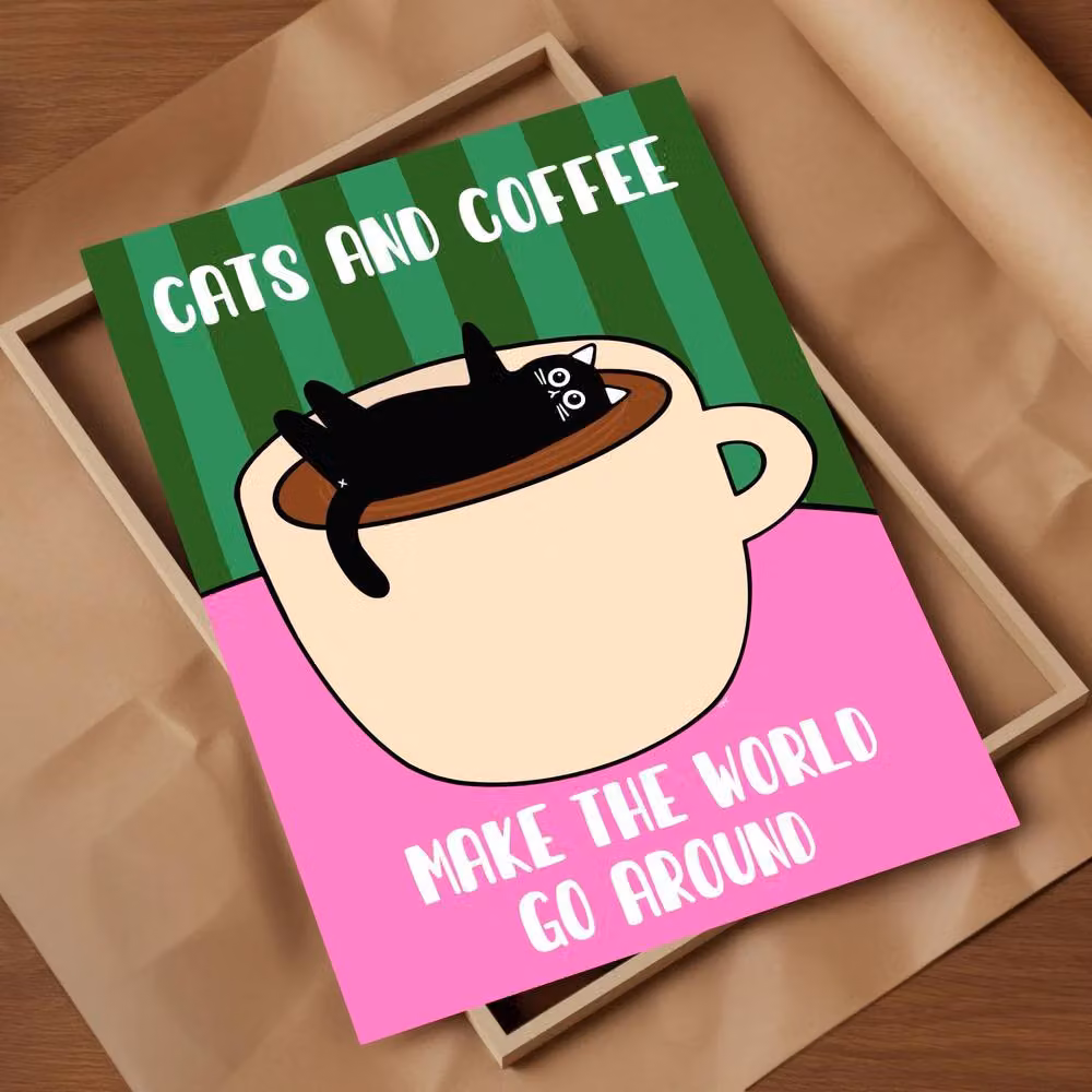 The Paper Tail Cats & Coffee Black Cat Funny Illustration Paper Poster, Multicolour, A3 – 3