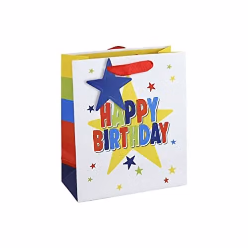 Eurowrap Happy Birthday Medium Paper Gift Bag with Gift Tag in Multicolour Star Design