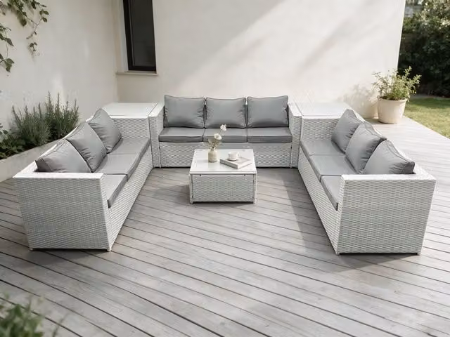 Fimous 9 Seater Rattan Garden Furniture Set in Light Grey with Upholstered Cushions and Side Tables – 1
