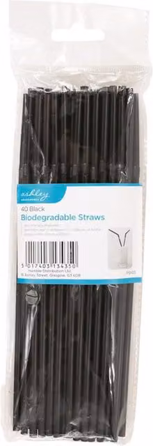 Ashley Biodegradable Straws, Black, 21 cm, Pack of 40