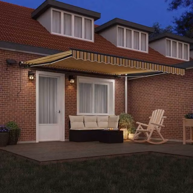 Berkfield Home Manual Retractable Striped Acrylic Fabric Awning with Multicolour LED, W: 400 cm, D: 350 cm – 1