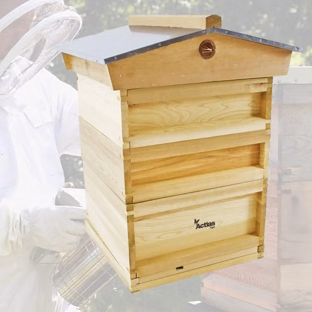 Actiasbee National Pine Beehive with Gabled Roof Brood Box and 2 Supers in Brown and Silver