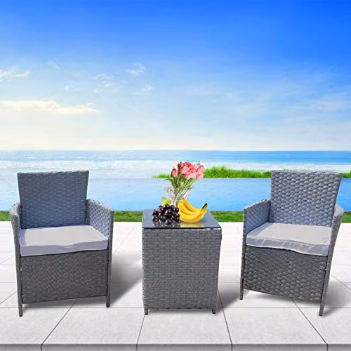 Chusstang 3 Piece Rattan Bistro Set with Grey Cushions and Glass Top Coffee Table in Grey – 2