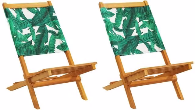 Berkfield Home Set of 2 Acacia Wood and Fabric Garden Chairs with Green Leaf Pattern
