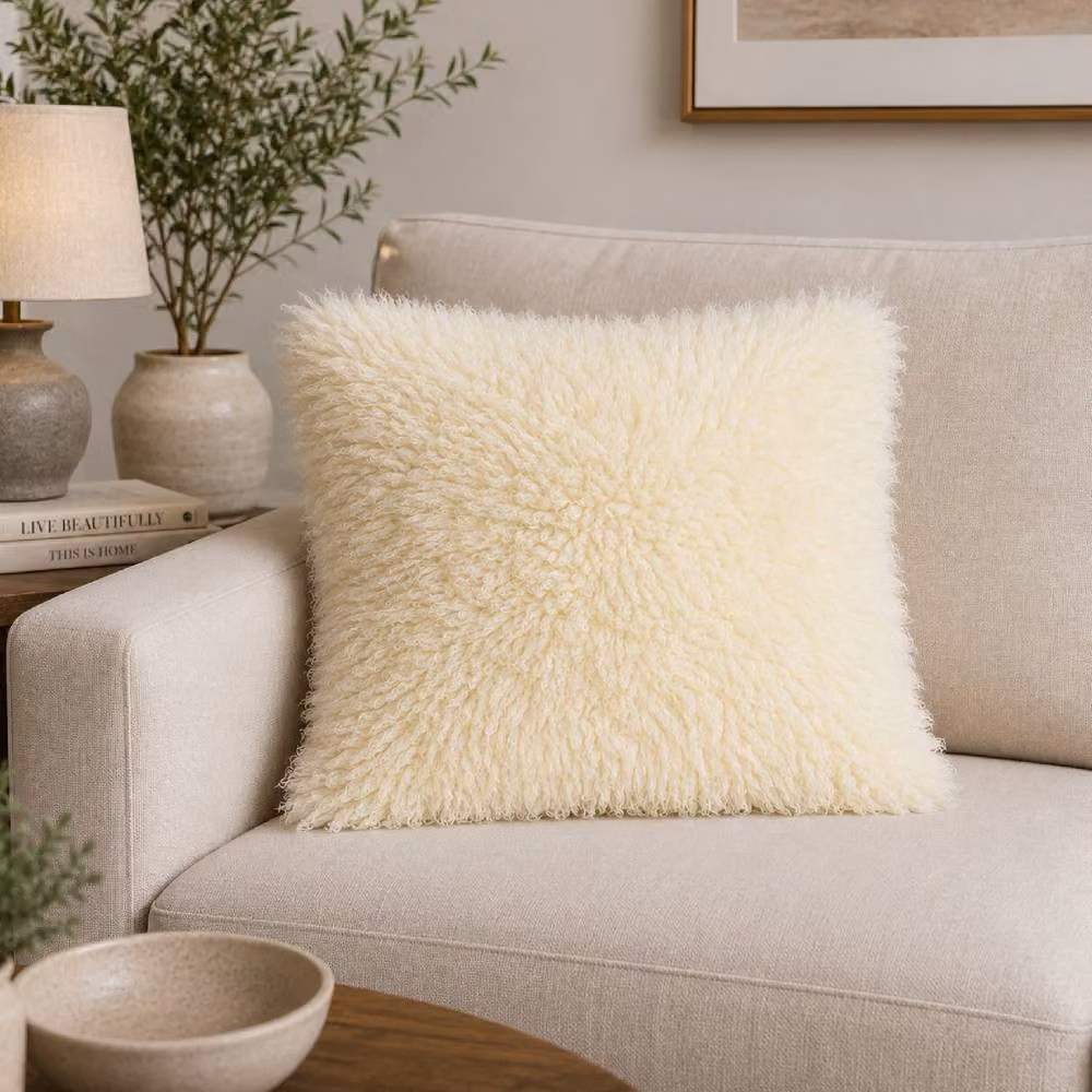 SNUGRUGS Soft Long Curly Wool Sheepskin Cushion with Cotton Backing and Inner, Ivory, W/D/H: 50 x 50 x 50 cm – 2